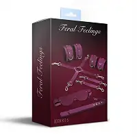 Набір Feral Feelings BDSM Kit 5 Burgundy, наручники, поножі, хрестовина, маска, падл