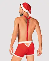 Чоловічий еротичний костюм Санта-Клауса Obsessive Mr Claus 2XL/3XL, боксери на підтяжках, шапочка з 