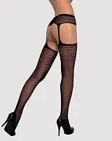 Сітчасті панчохи-стокінги з квітковим малюнком Obsessive Garter stockings S207 XL/XL, чорні, імітаці