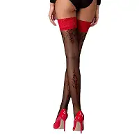 Панчохи Passion ST120 3/4 black-red, на ажурній силіконовій резинці, з вишуканим декором та люре
