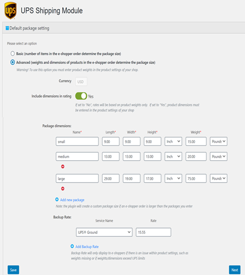 In the example below, the user has entered 3 package sizes for their orders, selected to include pro