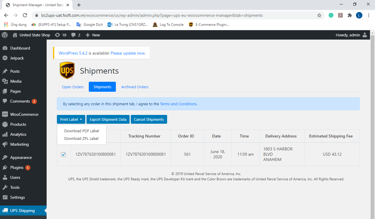 Account number selection: Select the Account number to associate with the shipment by the dropdown ‘