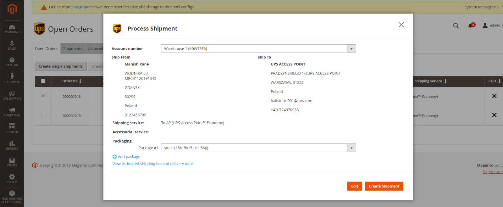 User can select one or multiple orders to perform one of the following actions: Create shipments: co