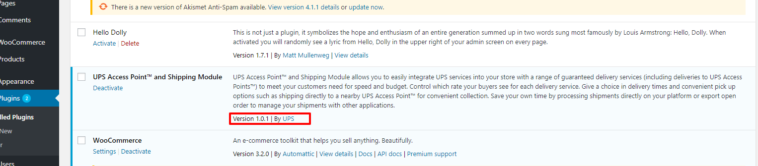 Step 2: Deactivate the current version of UPS Shipping. You can click "deactivated", then click on "