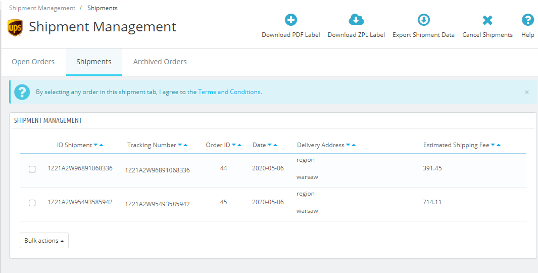 User can create shipment from one or multiple orders.