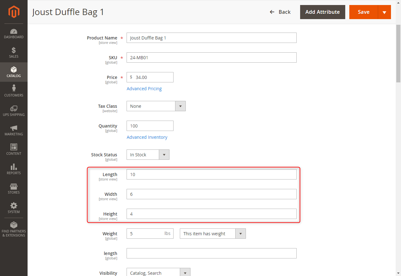 Drag 3 attributes ups_dimensions_length, ups_dimensions_width, ups_dimensions_height from "Unassigne