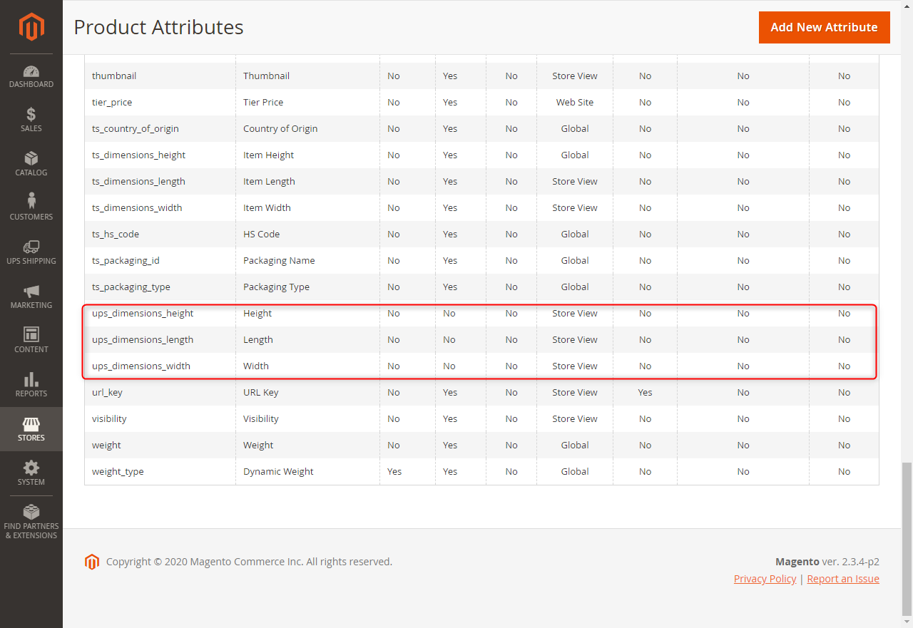 Input "ups_dimensions_length" for "Attribute Code" field