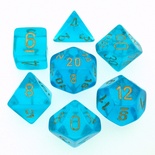 7 Die Set Chessex BOREALIS TEAL gold Dice CIANO oro Dadi Dado 27486