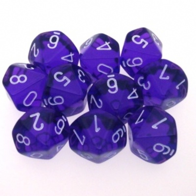 10 d10 Dice Set Chessex TRANSLUCENT PURPLE white 23207 Dadi TRASPARENTI VIOLA bianco