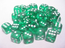 36 d6 Dice Chessex TRANSLUCENT GREEN white 23805 Dadi Trasparente Verde