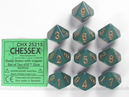 10 d10 Dice Set Chessex DUSTY GREEN 25215 Dadi OPACO VERDE SPORCO rame