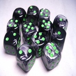 12 d6 Dice Set Chessex GEMINI BLACK GREY green 26645 NERO GRIGIO verde Dadi Dado Dice