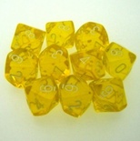 10 d10 Dice Set Chessex TRANSLUCENT YELLOW white 23202 Dadi TRASPARENTI GIALLO bianco