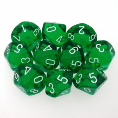 10 d10 Dice Set Chessex TRANSLUCENT GREEN white 23205 Dadi TRASPARENTI VERDE bianco