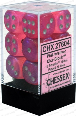 12 d6 Dice Set Chessex BOREALIS PINK White 27604 ROSA Bianco Dadi Dado