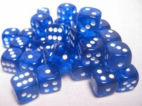 36 d6 Dice Set Chessex TRANSLUCENT BLUE white 23806 Dadi Trasparente Blu