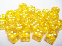 36 d6 Dice Chessex TRANSLUCENT YELLOW white 23802 Dadi Trasparente Giallo