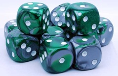 12 d6 Dice Set Chessex GEMINI GREEN STEEL white 26641 VERDE ACCIAIO bianco Dadi Dado