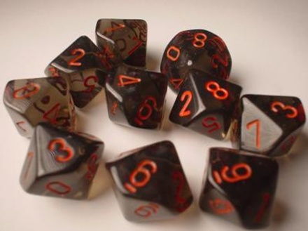 10 d10 Dice Set Chessex TRANSLUCENT SMOKE RED 23218 Dadi TRASPARENTI FUMO rosso