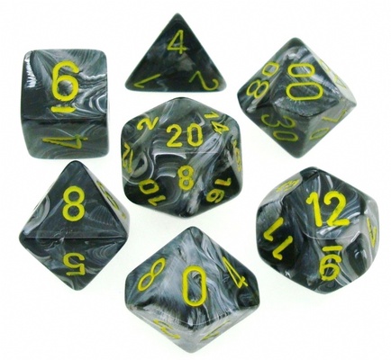 7 Die Set Chessex VORTEX BLACK yellow Dice NERO giallo Dadi Dado 27438