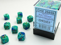 36 d6 Dice Set Chessex Polyedral BLUE TEAL Gold 26859 BLU VERDE ACQUA Oro Dadi Dado