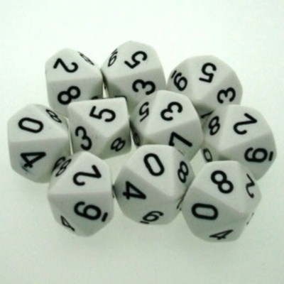 10 d10 DiCe Set Chessex OPAQUE WHITE black 26201 Dadi OPACO BIANCO nero