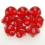 10 d10 Dice Set Chessex TRANSLUCENT RED white 23204 Dadi TRASPARENTI ROSSO bianco