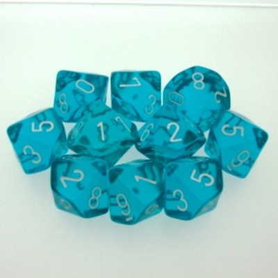 10 d10 Dice Set Chessex TRANSLUCENT TEAL white 23215 Dadi TRASPARENTI CIANO bianco