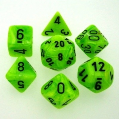 7 Die Set Chessex VORTEX BRIGHT GREEN nero Dice VERDE ACIDO nero Dadi Dado 27430