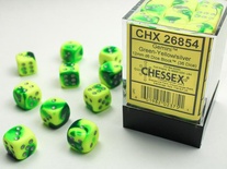 36 d6 Dice Set Chessex Gemini GREEN YELLOW Silver 26854 VERDE GIALLO Argento Dadi Dado