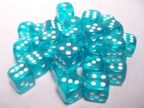 36 d6 Dice Set Chessex TRANSLUCENT TEAL white 23815 Dadi Trasparenti Verde Acqua