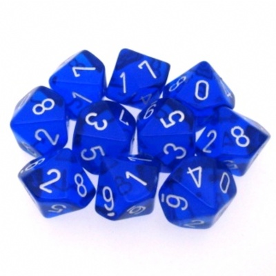 10 d10 Dice Set Chessex TRANSLUCENT BLUE white 23206 Dadi TRASPARENTI BLU bianco