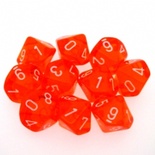 10 d10 Dice Set Chessex TRANSLUCENT ORANGE white 23203 Dadi TRASPARENTI ARANCIO bianco