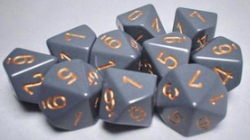 10 d10 Dice Set Chessex OPAQUE DARK GREY copper 25220 Dadi OPACO GRIGIO SCURO rame