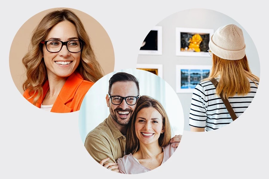 Collage of individuals wearing glasses, highlighting vision health and eyewear style.