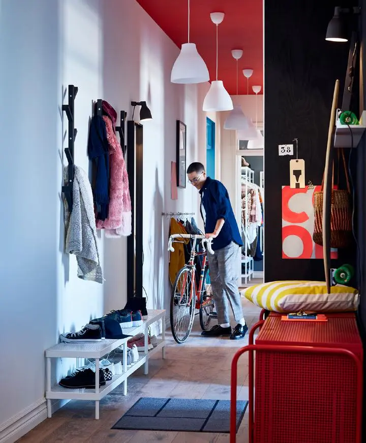 A living room with a bike in the room