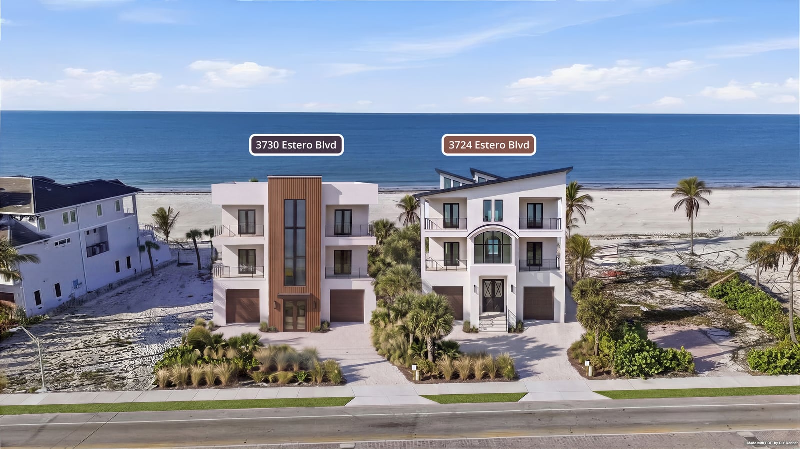 Two modern beachfront homes composited on an aerial photo