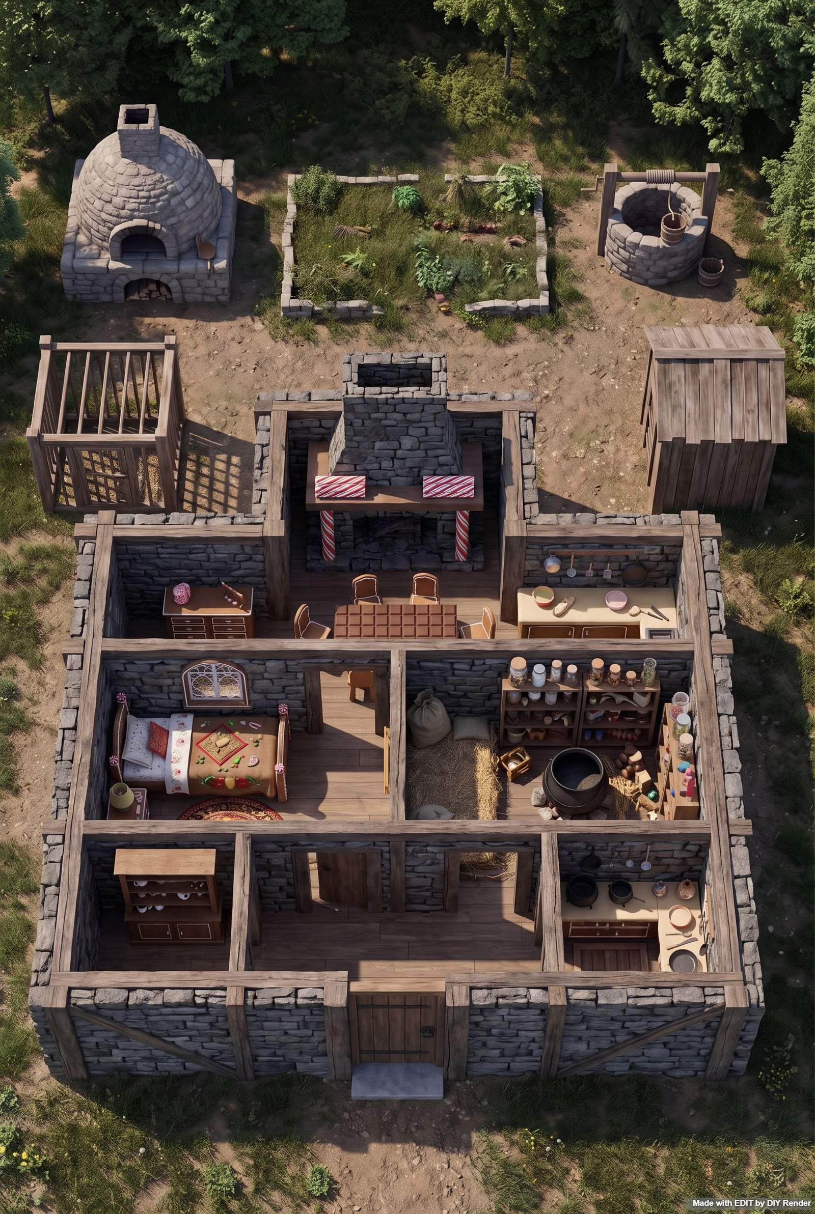Medieval stone and timber witch house cutaway