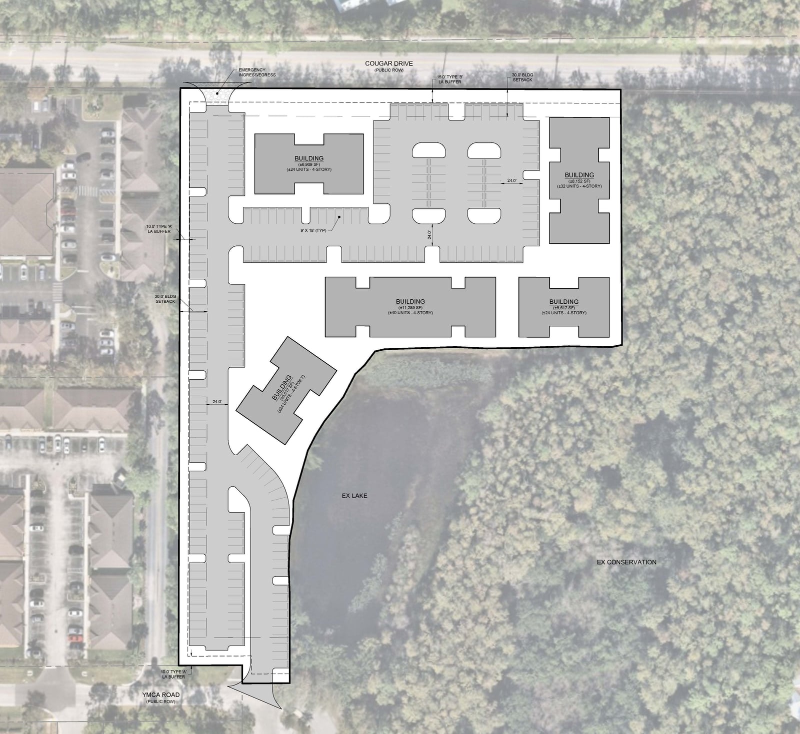 Civil site plan overlaid on an aerial photo