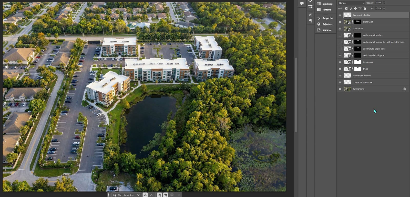 Photoshop layer stack showing gate, tree buffer, and clarity passes