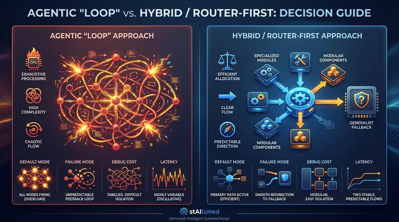 Comparative visualization between a complex, unpredictable Agentic Loop and a structured, efficient Hybrid/Router-First architecture.
