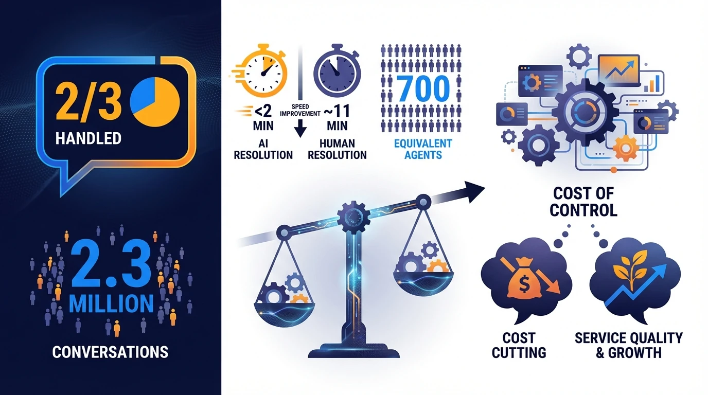 Infographic showing Klarna's AI assistant success metrics (2.3M chats, 700 FTE equivalent) and the strategic shift toward balancing cost-cutting with service quality and operational control.
