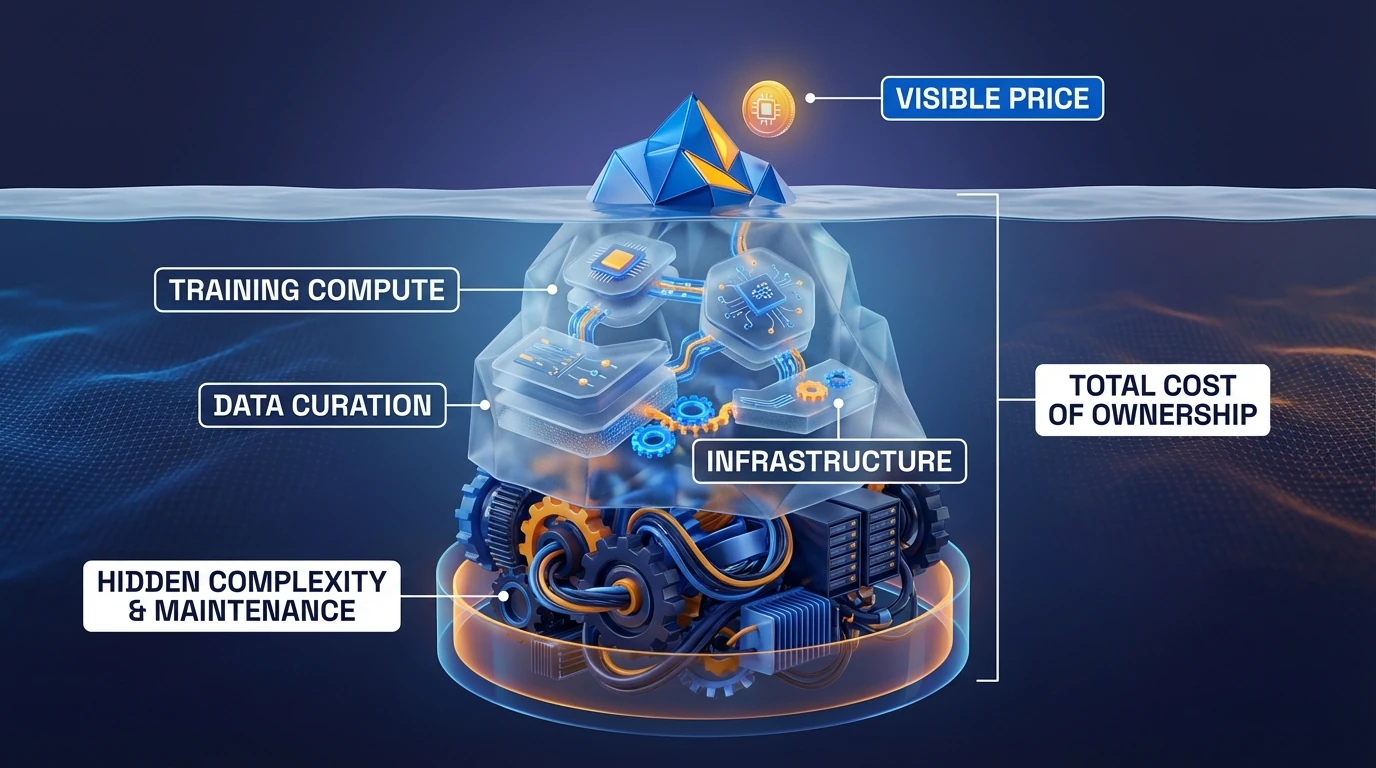 Visualizing the total cost of ownership (TCO) in LLM systems: token pricing is just the tip of the iceberg, while the cost of control is the massive submerged part.