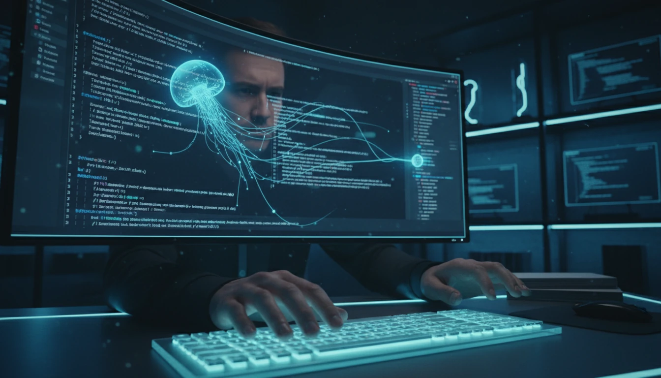 A close-up shot of a developer's hands poised over a glowing, futuristic keyboard. On the screen in front of them, lines of code are being autocompleted by a subtle, shimmering blue AI entity. The mood is focused and slightly skeptical, set in a dimly lit office with a cool color palette of deep blues, blacks, and electric cyan highlights.