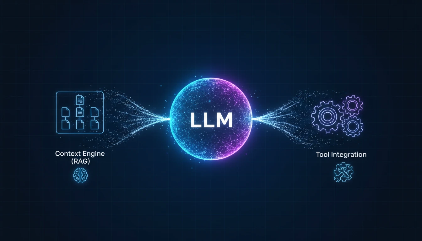 An abstract, glowing schematic diagram illustrating a three-part architecture. A central, pulsating orb labeled 'LLM' is connected by light-filled data streams to two other components: one a holographic representation of a file tree labeled 'Context Engine (RAG)', and the other a set of interconnected gears labeled 'Tool Integration'. The mood is futuristic and technical, set against a dark blue background with a subtle grid pattern. The color palette is dominated by electric blues, purples, and white light.