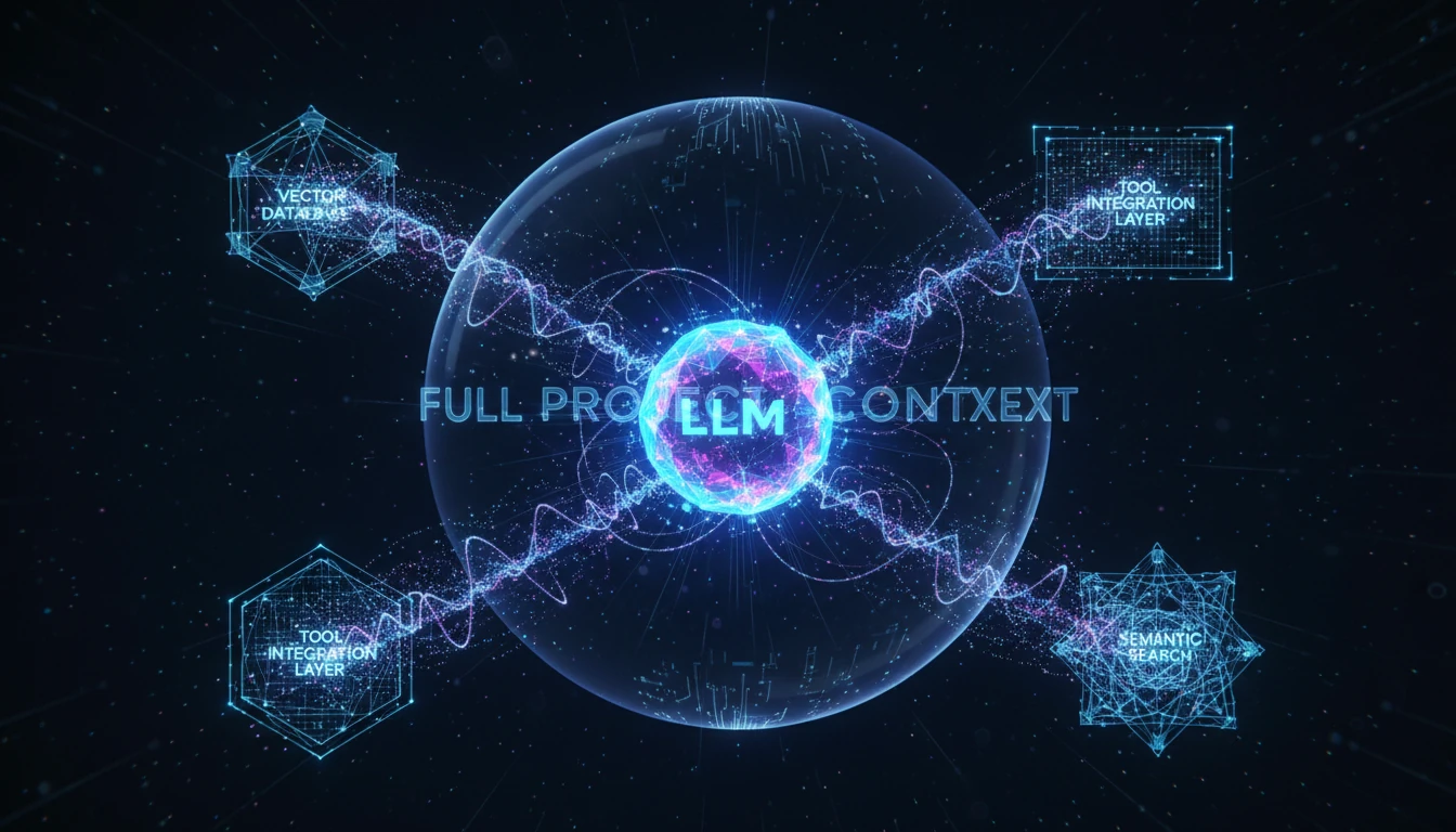 An intricate, glowing 3D diagram showing a central AI core (labeled 'LLM'). Luminous data streams flow from it to surrounding nodes labeled 'Vector Database,' 'Tool Integration Layer,' and 'Semantic Search.' The entire structure sits within a transparent sphere representing the 'Full Project Context.' The color palette is dark with vibrant neon blues and purples, conveying a sense of high-tech intelligence and architectural depth.