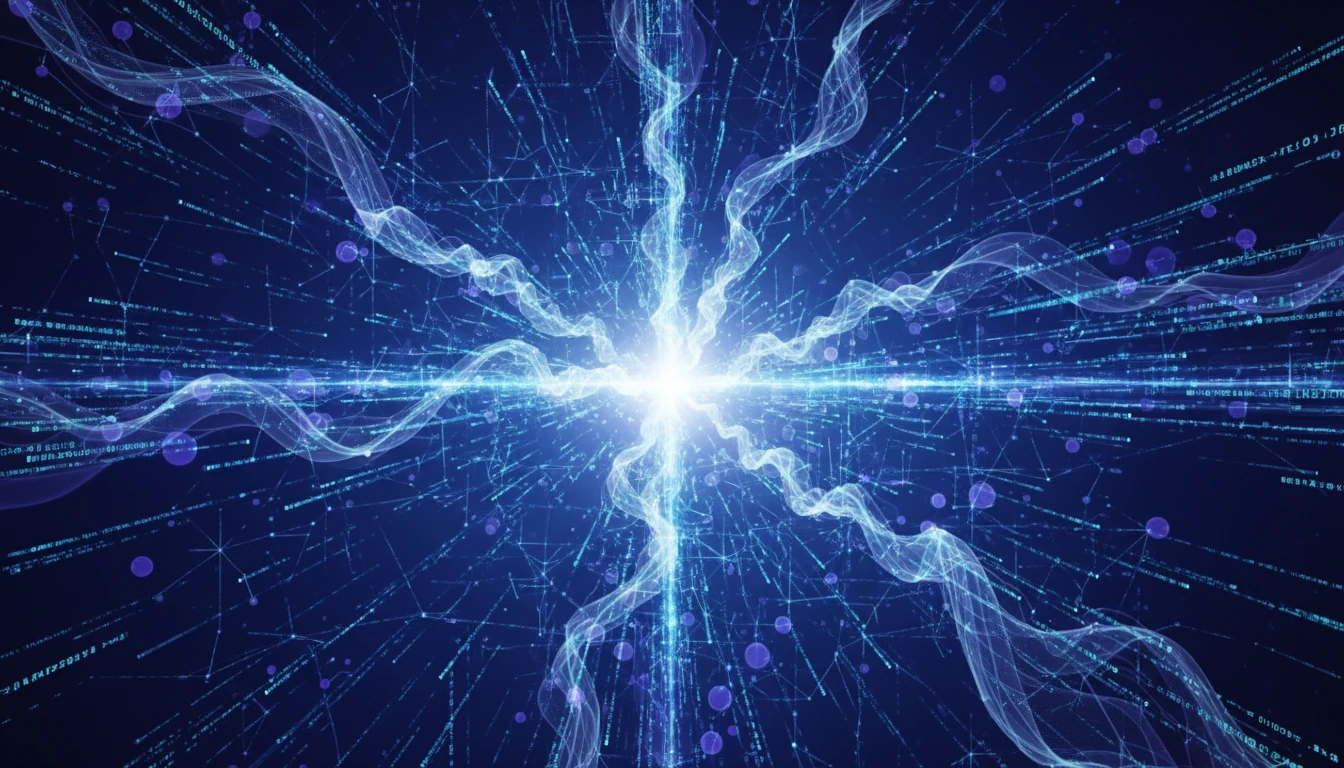 An abstract, futuristic image showing a network of interconnected nodes of light, representing multiple AI agents. One central node glows brightly, coordinating the others which are performing tasks symbolized by lines of code and data streams flowing between them. The color palette is dark blue and purple, with vibrant cyan and white highlights, creating a mood of sophisticated, autonomous intelligence.