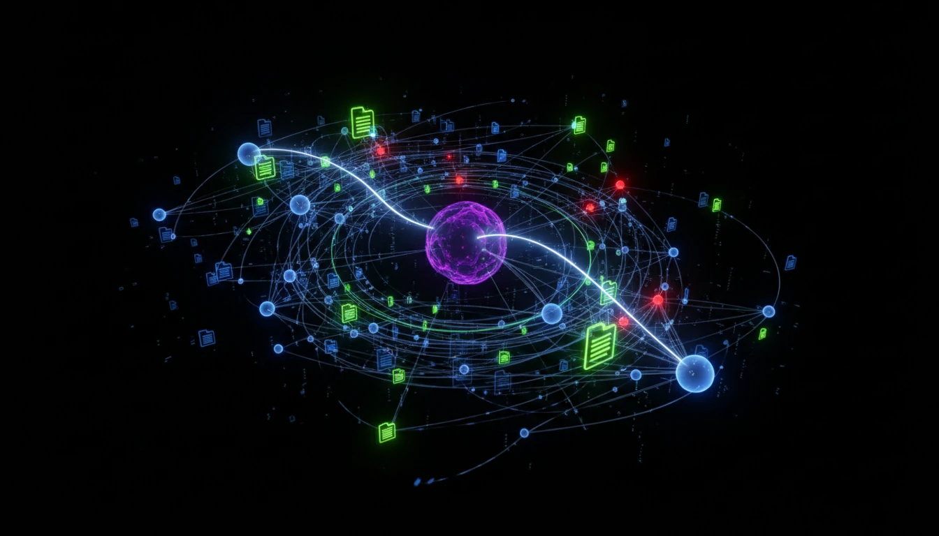 An abstract visualization of a codebase as a luminous, interconnected 3D knowledge graph. Bright nodes representing functions and files are linked by glowing lines of varying thickness, indicating dependencies. A central AI node intelligently highlights a specific path through the network, pinpointing a bug across multiple distant nodes. The style is sleek and digital, with a color palette of electric blue, neon green, and deep purple on a black background.