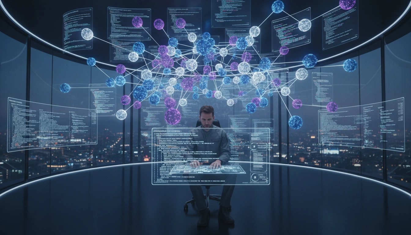 A futuristic command center with a developer at a holographic interface. Multiple glowing nodes, representing AI agents, are shown working on different parts of a complex code architecture visualized in 3D space. The mood is focused and advanced, with a color palette of deep blues, electric purples, and bright white data streams.