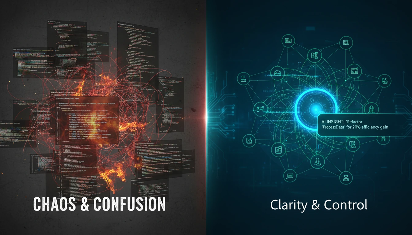 A split-screen visual contrasts two developer workflows. On the left, a cluttered screen shows fragmented code files and error logs, representing chaos and confusion. On the right, a clean, futuristic interface displays an elegant network graph of the codebase, with an AI insight highlighted, signifying clarity and control. The color palette shifts from chaotic reds and yellows on the left to calm, organized blues and greens on the right.